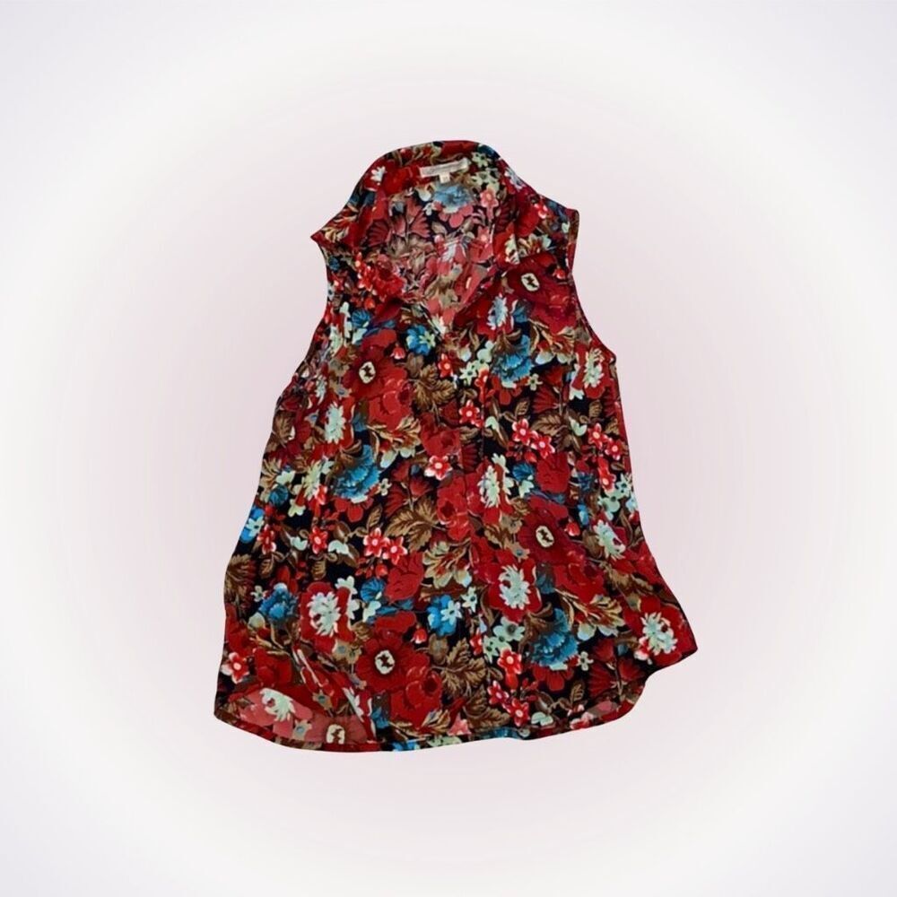 Glamorous red floral collared button up tank top | Sz XS